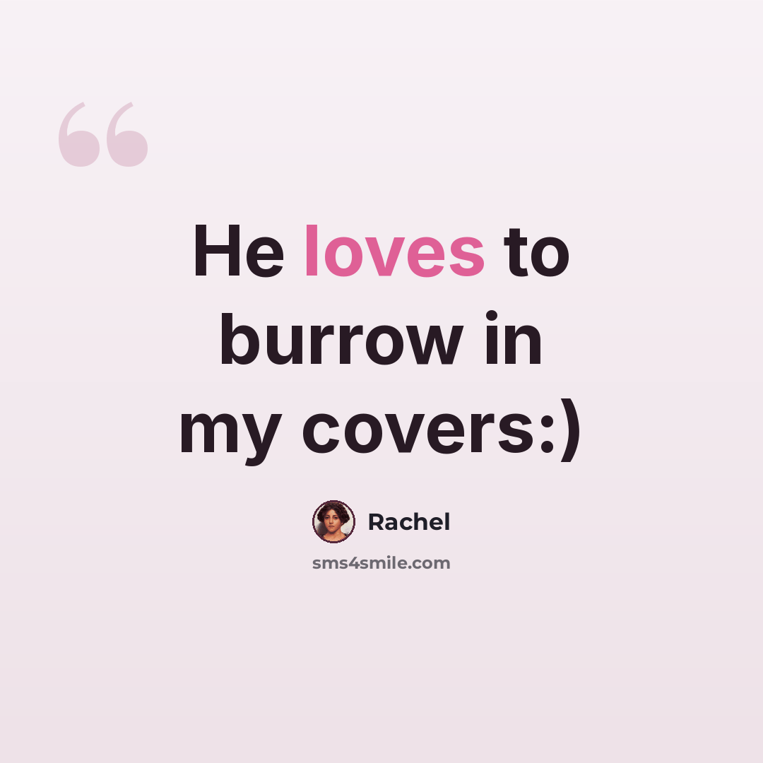 “He loves to burrow in my covers:)” quote by Rachel