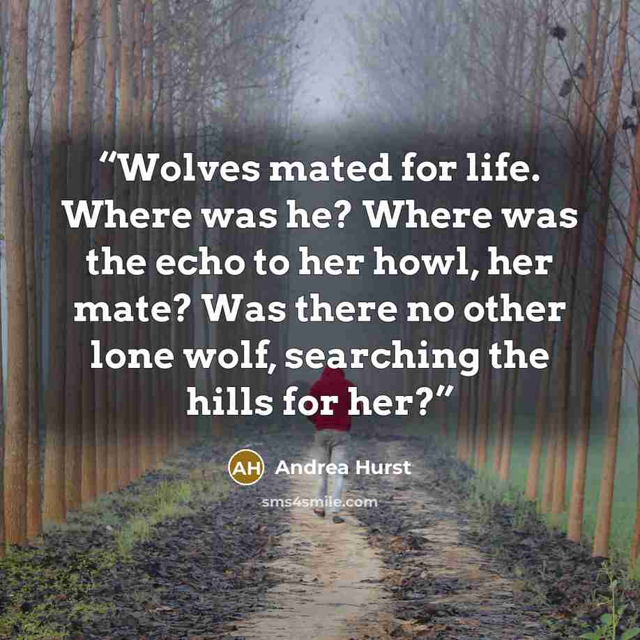 “Wolves mated for life. Where was he? Where was the echo to her howl, her mate? Was there no other lone wolf, searching the hills for her?” quote by Andrea Hurst