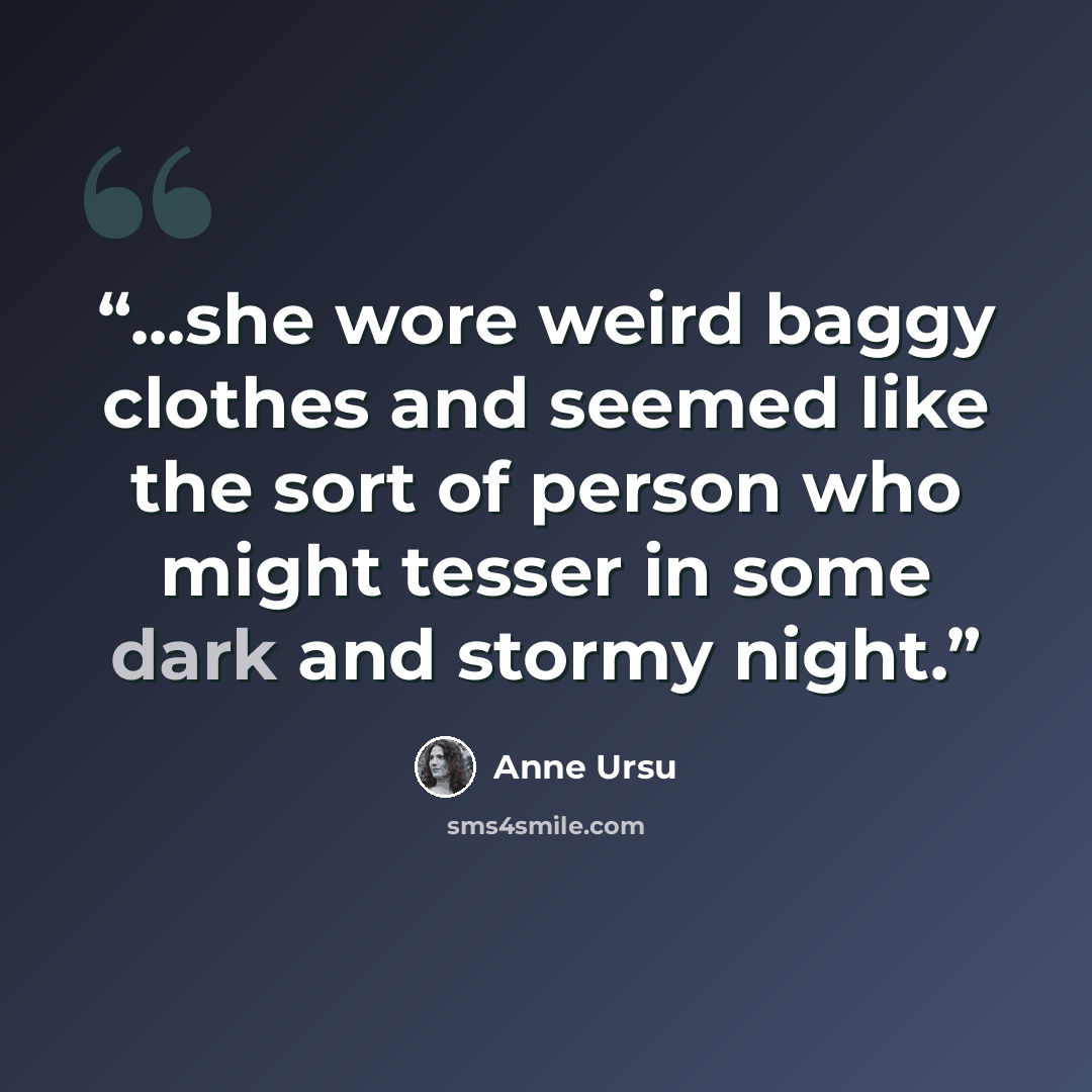 “...she wore weird baggy clothes and seemed like the sort of person who might tesser in some dark and stormy night.” quote by Anne Ursu