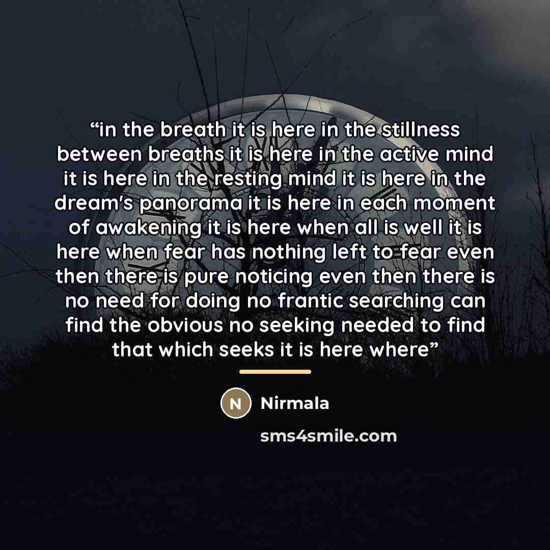 “in the breath it is here in the stillness between breaths it is here in the active mind it is here in the resting mind it is here in the dream's panorama it is here in each moment of awakening it is here when all is well it is here when fear has nothing left to fear even then there is pure…” quote by Nirmala