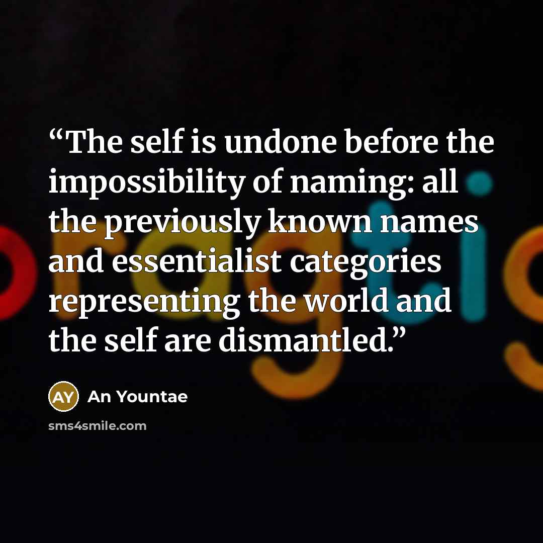 “The self is undone before the impossibility of naming: all the previously known names and essentialist categories representing the world and the self are dismantled.” quote by An Yountae