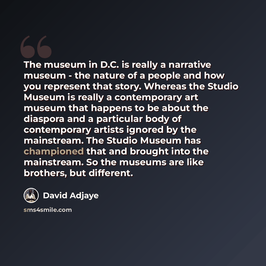 “The museum in D.C. is really a narrative museum - the nature of a people and how you represent that story. Whereas the Studio Museum is really a contemporary art museum that happens to be about the diaspora and a particular body of contemporary artists ignored by the mainstream. The Studio Museum…” quote by David Adjaye