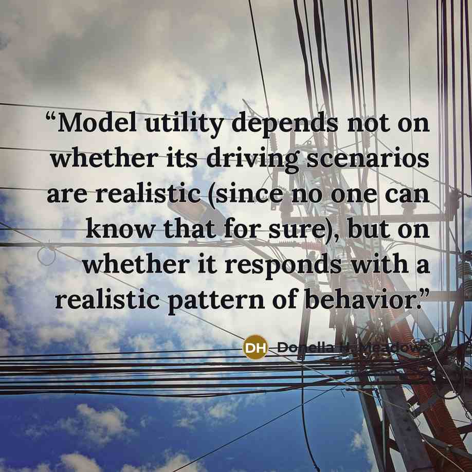 “Model utility depends not on whether its driving scenarios are realistic (since no one can know that for sure), but on whether it responds with a realistic pattern of behavior.” quote by Donella H. Meadows