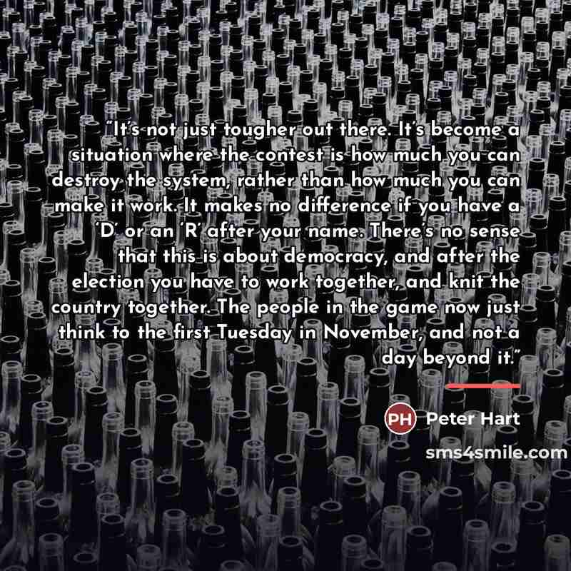 “It’s not just tougher out there. It’s become a situation where the contest is how much you can destroy the system, rather than how much you can make it work. It makes no difference if you have a ‘D’ or an ‘R’ after your name. There’s no sense that this is about democracy, and after the election…” quote by Peter Hart