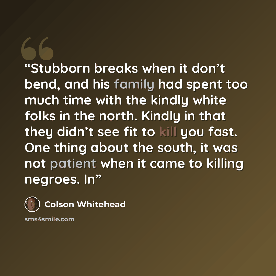 “Stubborn breaks when it don’t bend, and his family had spent too much time with the kindly white folks in the north. Kindly in that they didn’t see fit to kill you fast. One thing about the south, it was not patient when it came to killing negroes. In” quote by Colson Whitehead