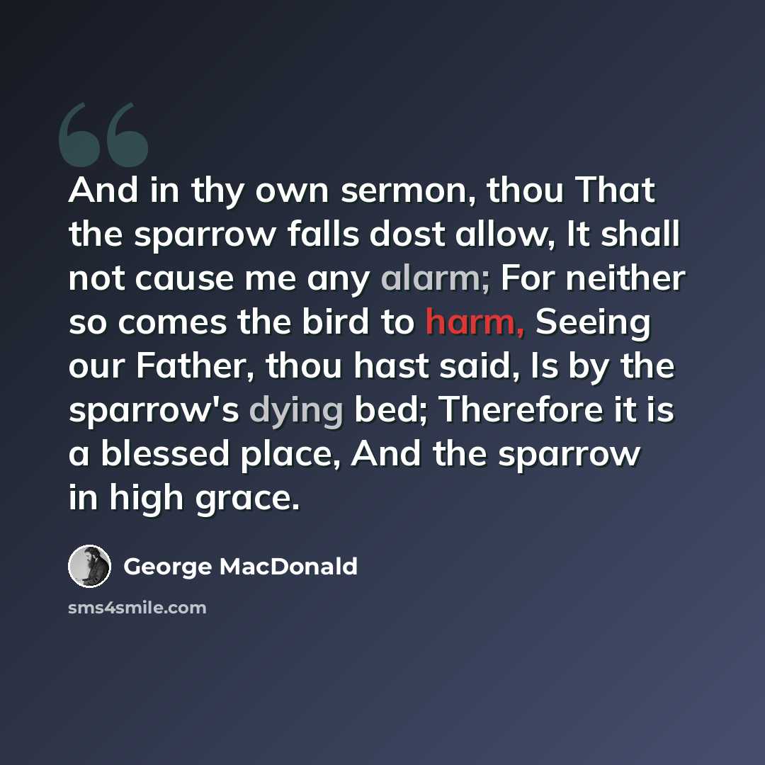 “And in thy own sermon, thou That the sparrow falls dost allow, It shall not cause me any alarm; For neither so comes the bird to harm, Seeing our Father, thou hast said, Is by the sparrow's dying bed; Therefore it is a blessed place, And the sparrow in high grace.” quote by George MacDonald