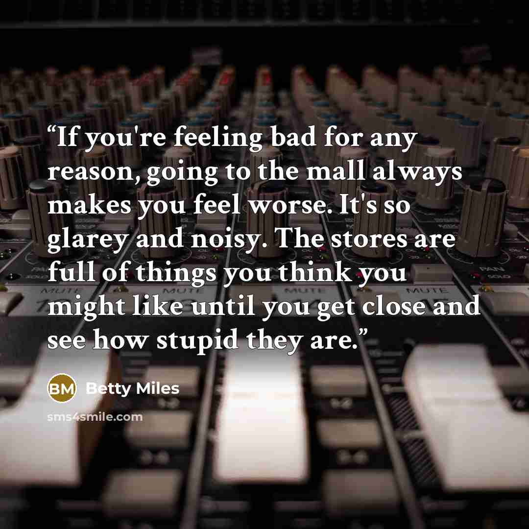 “If you're feeling bad for any reason, going to the mall always makes you feel worse. It's so glarey and noisy. The stores are full of things you think you might like until you get close and see how stupid they are.” quote by betty miles