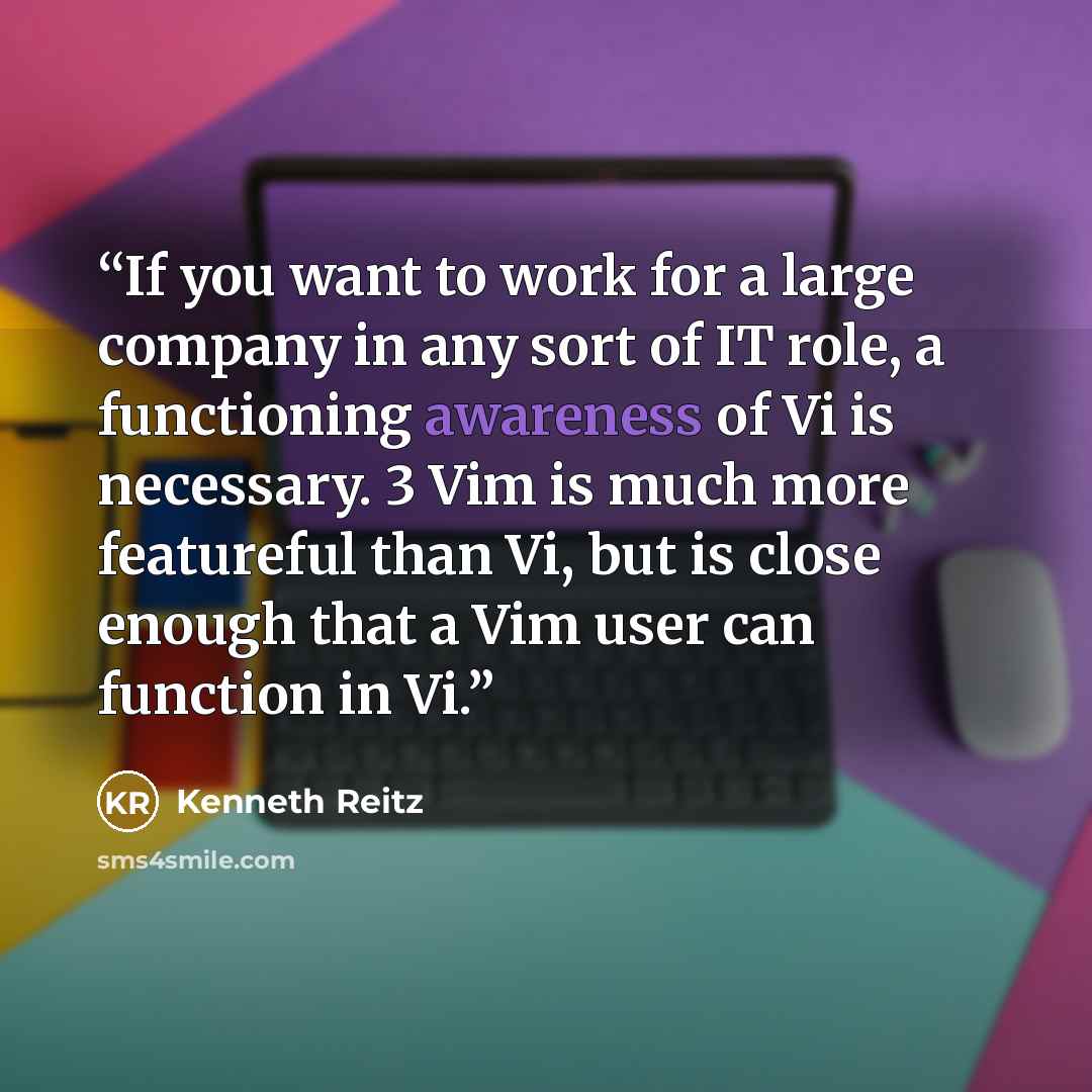 “If you want to work for a large company in any sort of IT role, a functioning awareness of Vi is necessary. 3 Vim is much more featureful than Vi, but is close enough that a Vim user can function in Vi.” quote by Kenneth Reitz