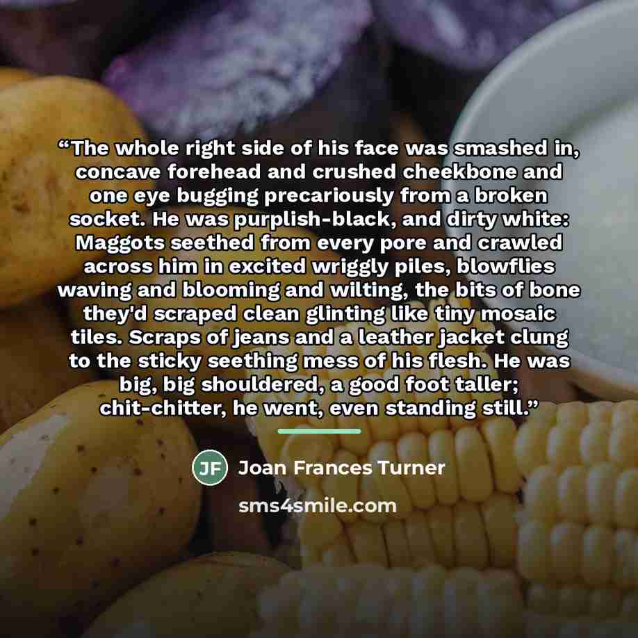 “The whole right side of his face was smashed in, concave forehead and crushed cheekbone and one eye bugging precariously from a broken socket. He was purplish-black, and dirty white: Maggots seethed from every pore and crawled across him in excited wriggly piles, blowflies waving and blooming and…” quote by Joan Frances Turner
