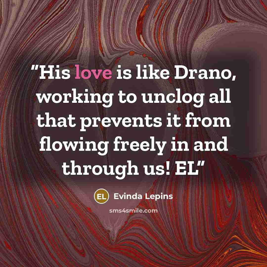 “His love is like Drano, working to unclog all that prevents it from flowing freely in and through us! EL” quote by Evinda Lepins