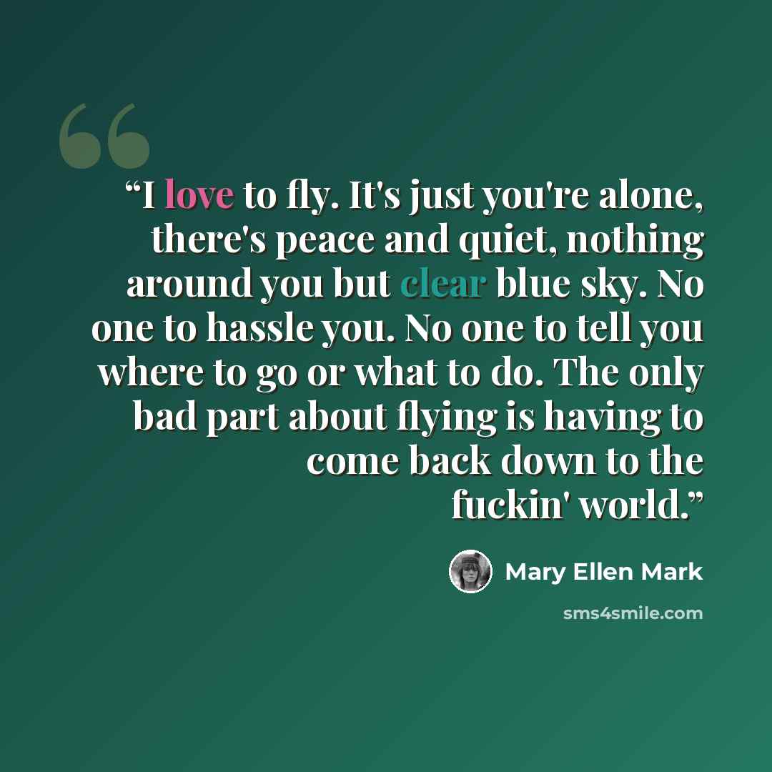 “I love to fly. It's just you're alone, there's peace and quiet, nothing around you but clear blue sky. No one to hassle you. No one to tell you where to go or what to do. The only bad part about flying is having to come back down to the fuckin' world.” quote by Mary Ellen Mark