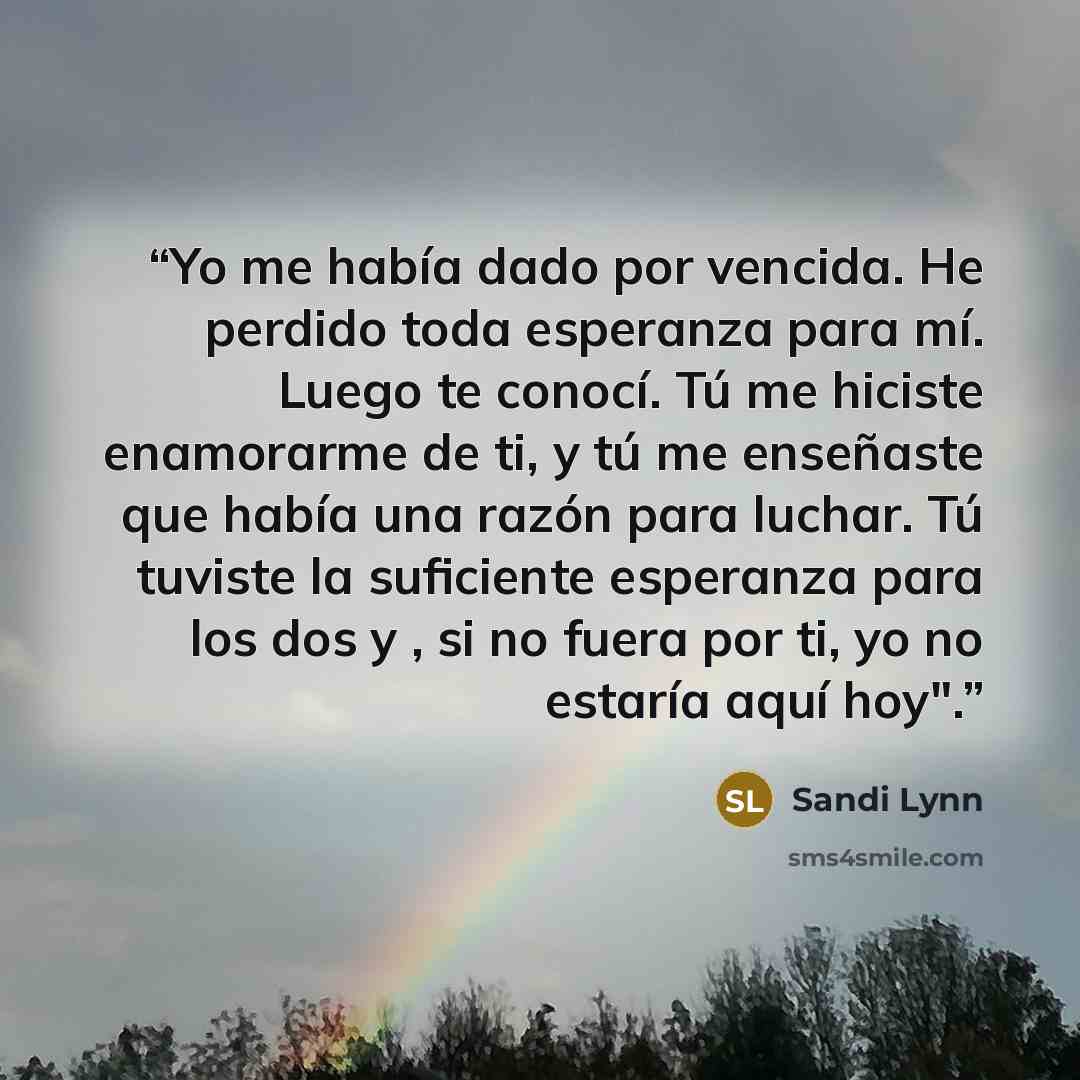 “Yo me había dado por vencida. He perdido toda esperanza para mí. Luego te conocí. Tú me hiciste enamorarme de ti, y tú me enseñaste que había una razón para luchar. Tú tuviste la suficiente esperanza para los dos y , si no fuera por ti, yo no estaría aquí hoy".” quote by Sandi Lynn
