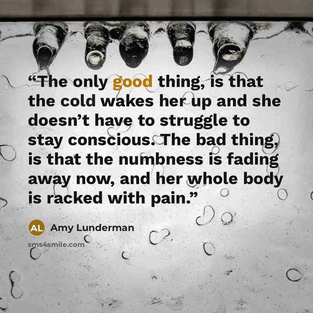 “The only good thing, is that the cold wakes her up and she doesn’t have to struggle to stay conscious. The bad thing, is that the numbness is fading away now, and her whole body is racked with pain.” quote by Amy Lunderman
