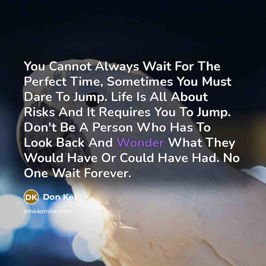 “You Cannot Always Wait For The Perfect Time, Sometimes You Must Dare To Jump. Life Is All About Risks And It Requires You To Jump. Don't Be A Person Who Has To Look Back And Wonder What They Would Have Or Could Have Had. No One Wait Forever.” quote by Don Kel