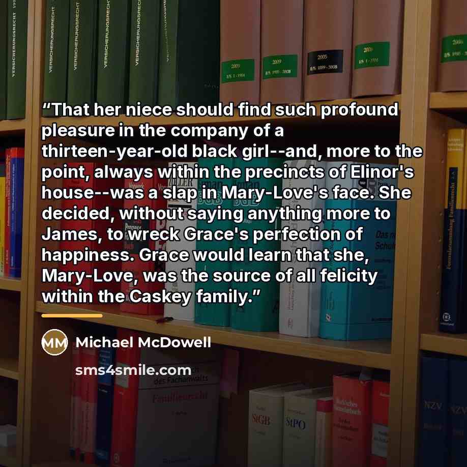 “That her niece should find such profound pleasure in the company of a thirteen-year-old black girl--and, more to the point, always within the precincts of Elinor's house--was a slap in Mary-Love's face. She decided, without saying anything more to James, to wreck Grace's perfection of happiness…” quote by Michael McDowell