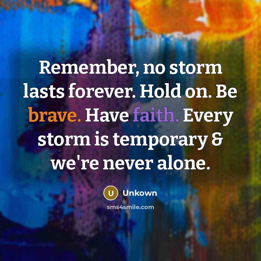 “Remember, no storm lasts forever. Hold on. Be brave. Have faith. Every storm is temporary & we're never alone.” quote by Unkown