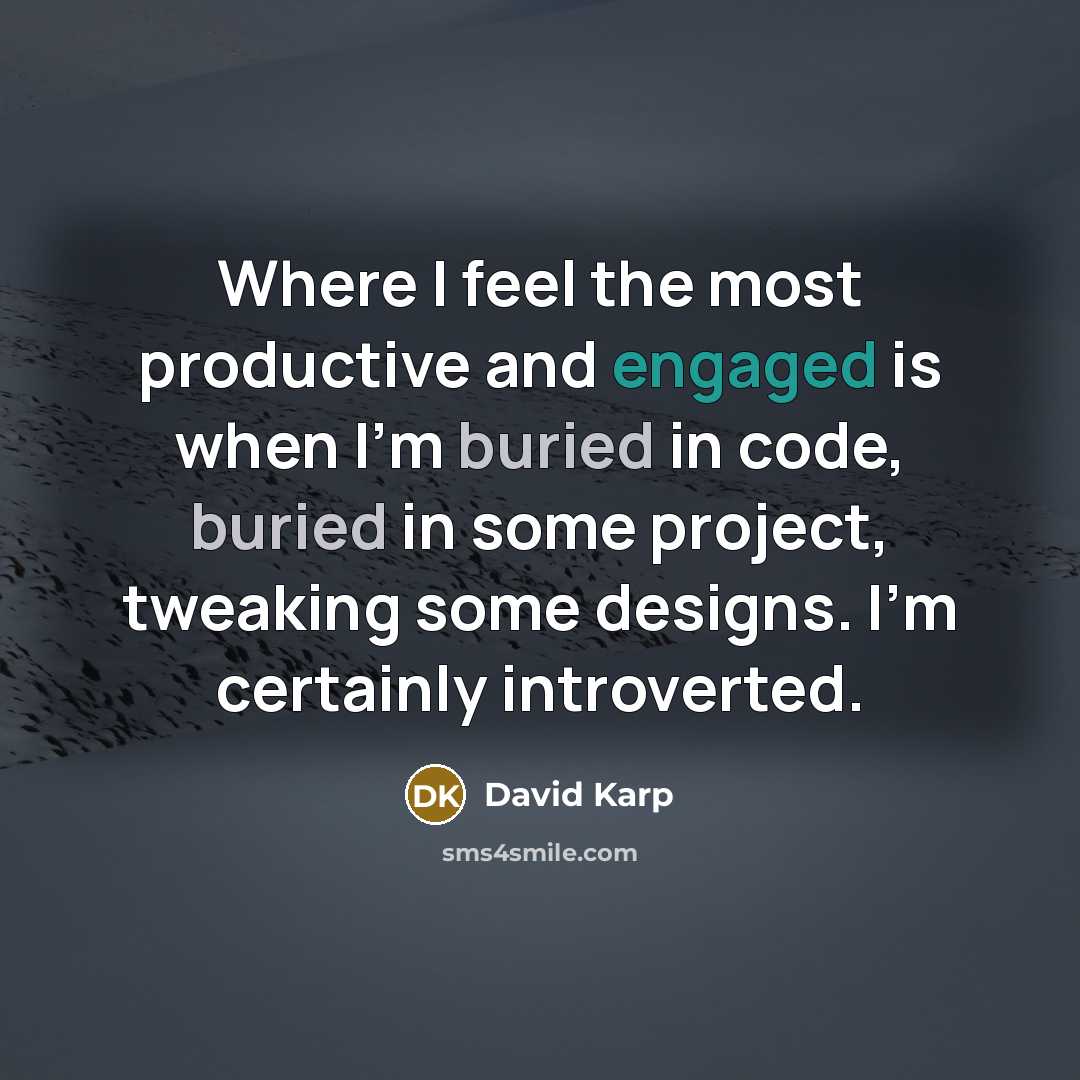 “Where I feel the most productive and engaged is when I'm buried in code, buried in some project, tweaking some designs. I'm certainly introverted.” quote by David Karp