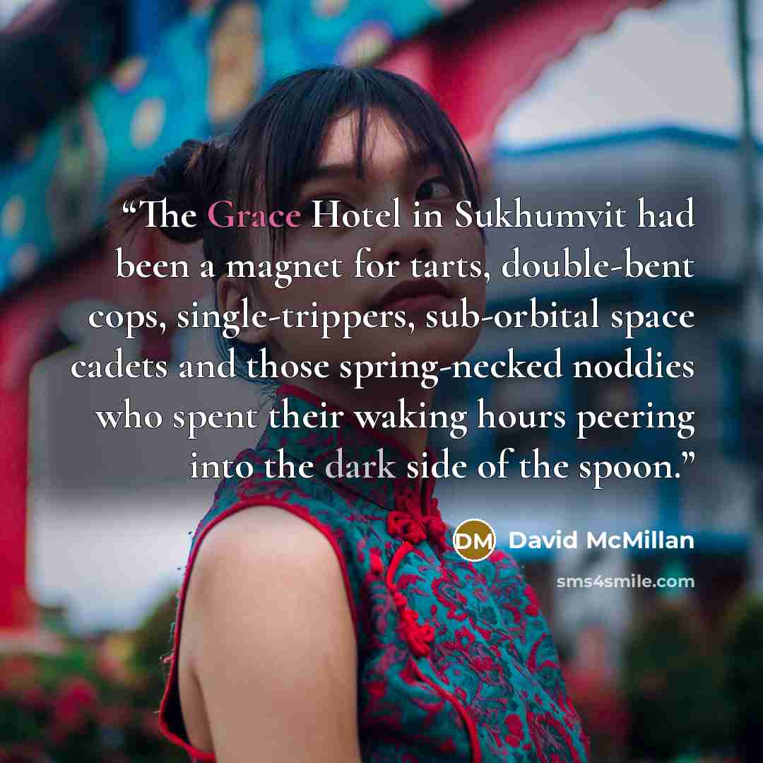 “The Grace Hotel in Sukhumvit had been a magnet for tarts, double-bent cops, single-trippers, sub-orbital space cadets and those spring-necked noddies who spent their waking hours peering into the dark side of the spoon.” quote by David McMillan
