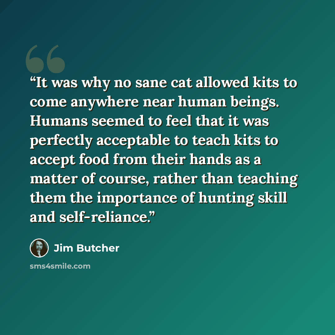 “It was why no sane cat allowed kits to come anywhere near human beings. Humans seemed to feel that it was perfectly acceptable to teach kits to accept food from their hands as a matter of course, rather than teaching them the importance of hunting skill and self-reliance.” quote by Jim Butcher