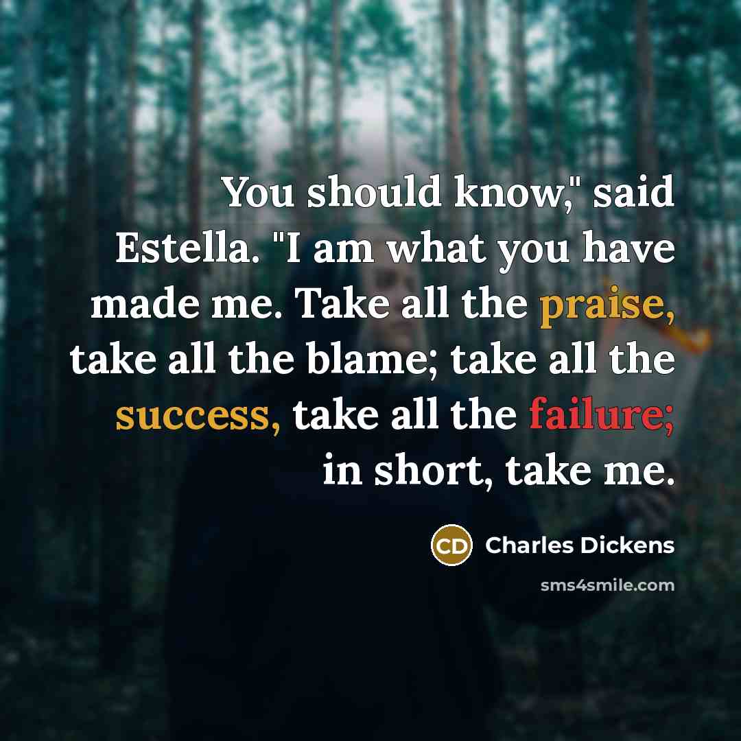 “You should know," said Estella. "I am what you have made me. Take all the praise, take all the blame; take all the success, take all the failure; in short, take me.” quote by Charles Dickens