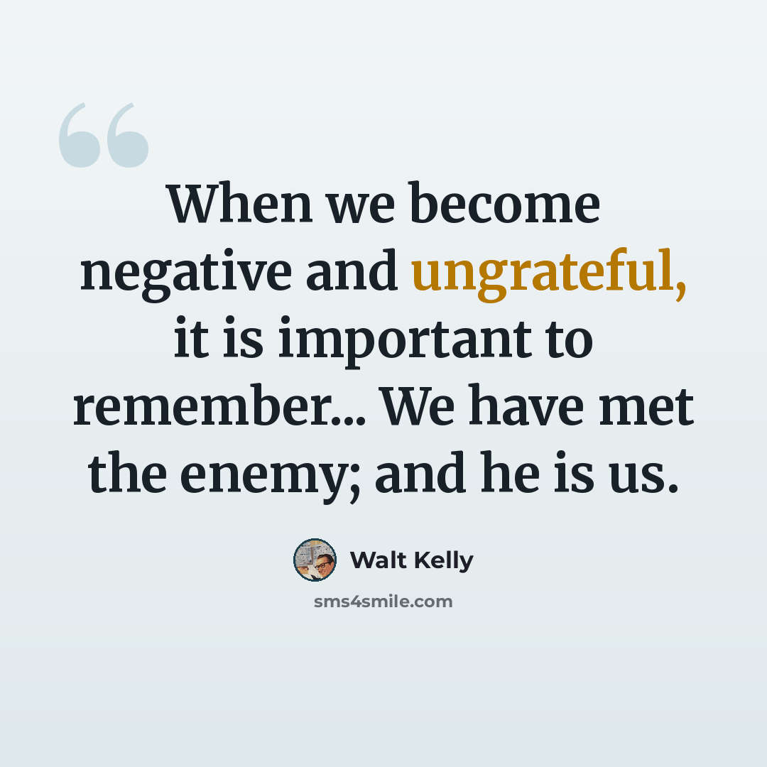 “When we become negative and ungrateful, it is important to remember... We have met the enemy; and he is us.” quote by Walt Kelly