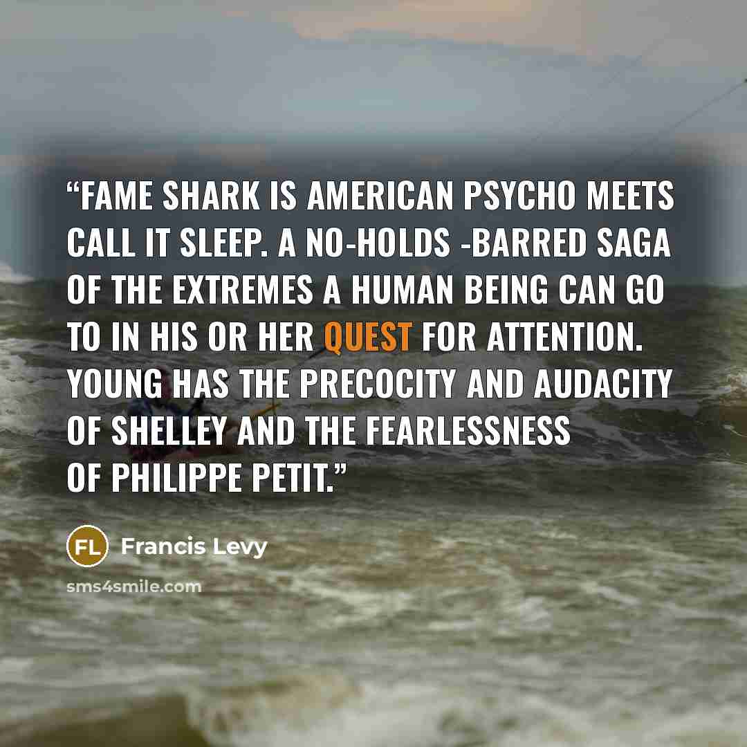 “Fame Shark is American Psycho meets Call It Sleep. A no-holds -barred saga of the extremes a human being can go to in his or her quest for attention. Young has the precocity and audacity of Shelley and the fearlessness of Philippe Petit.” quote by Francis Levy