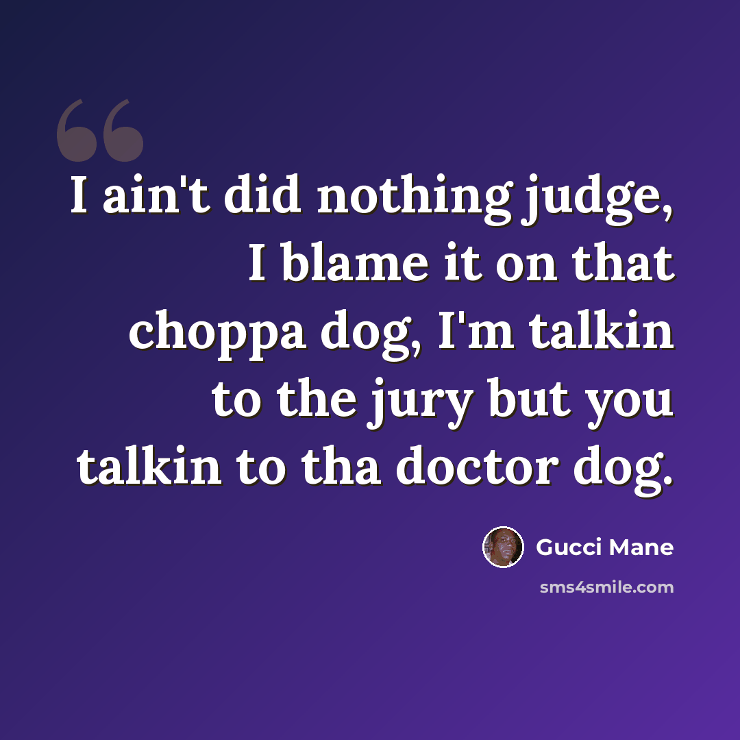 “I ain't did nothing judge, I blame it on that choppa dog, I'm talkin to the jury but you talkin to tha doctor dog.” quote by Gucci Mane
