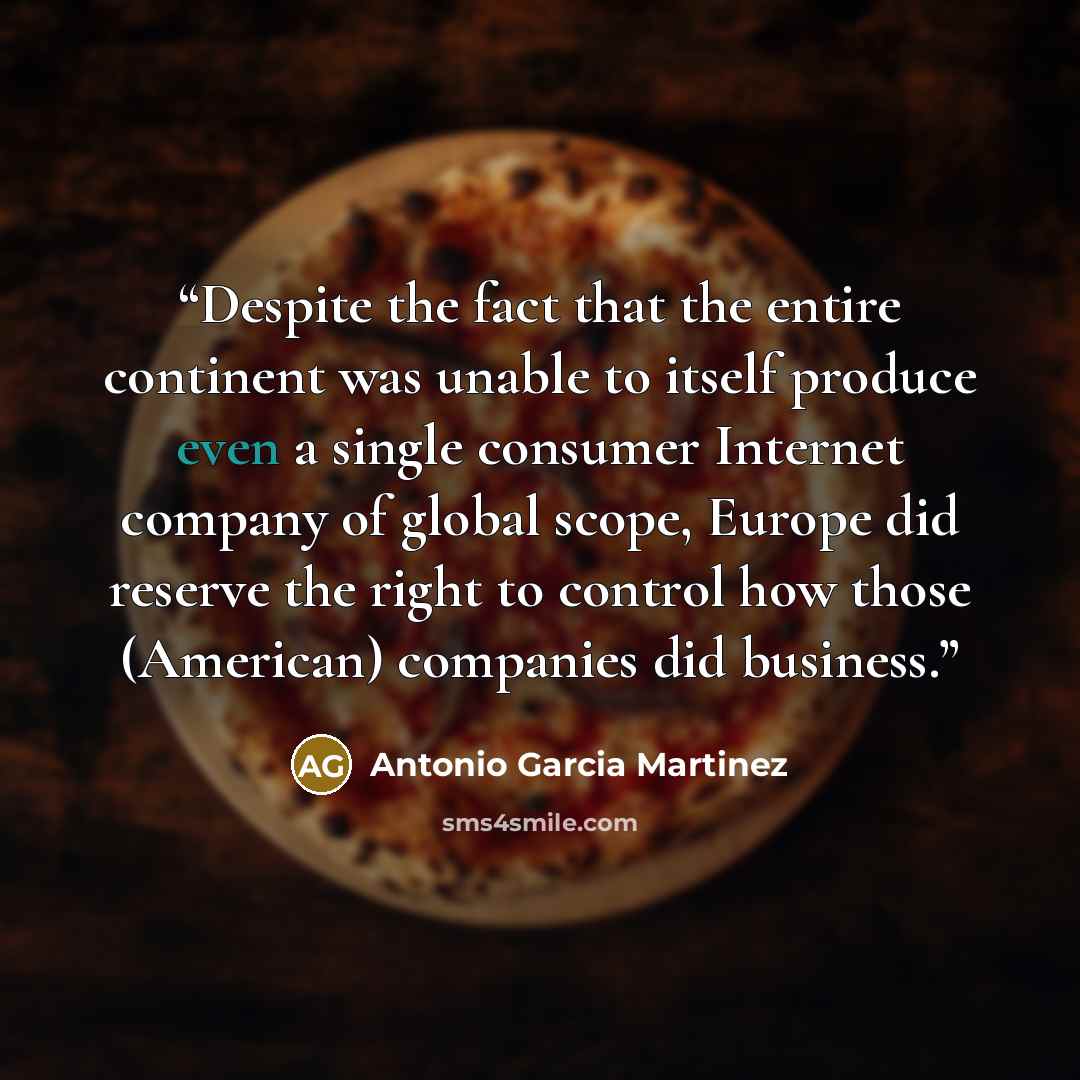 “Despite the fact that the entire continent was unable to itself produce even a single consumer Internet company of global scope, Europe did reserve the right to control how those (American) companies did business.” quote by Antonio Garcia Martinez