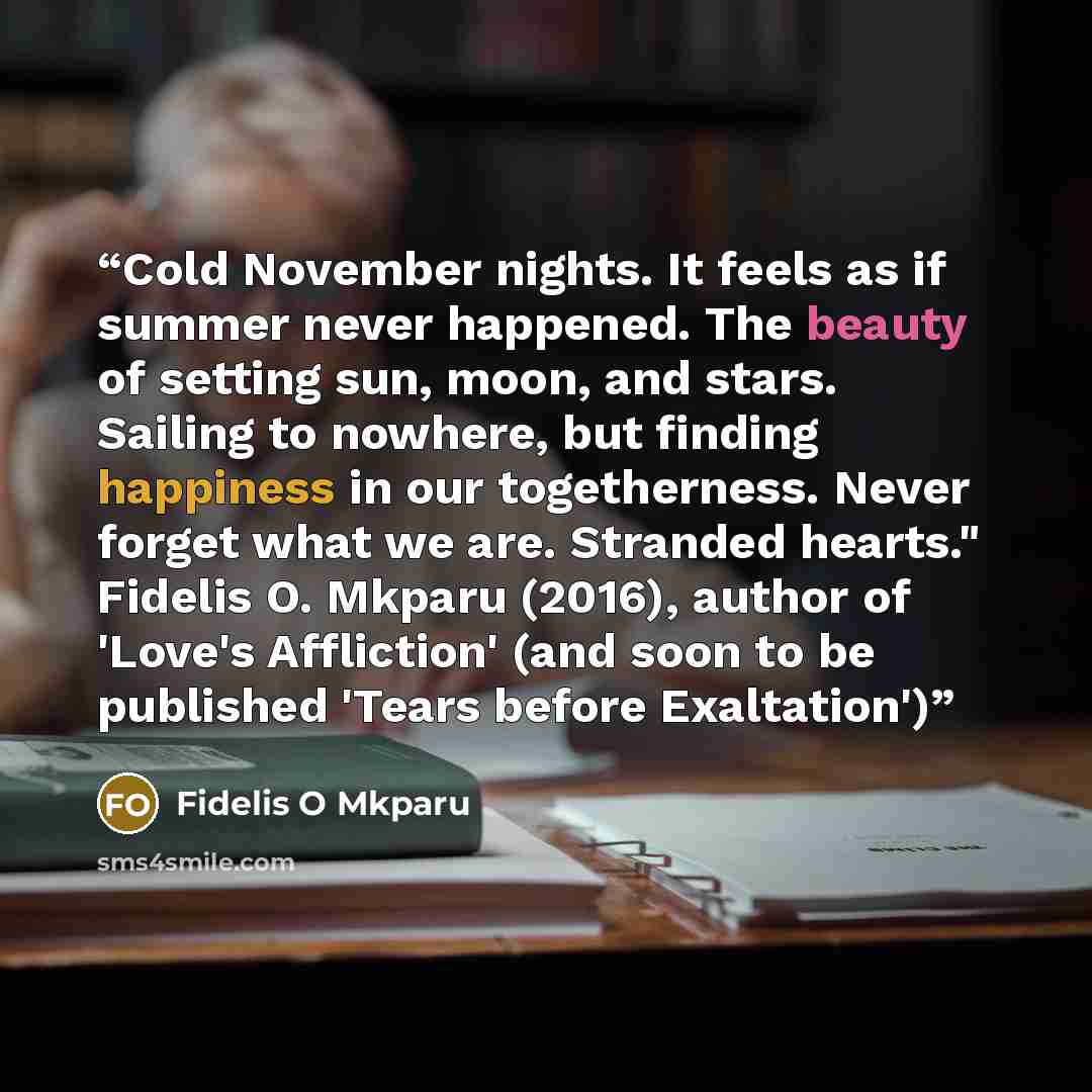 “Cold November nights. It feels as if summer never happened. The beauty of setting sun, moon, and stars. Sailing to nowhere, but finding happiness in our togetherness. Never forget what we are. Stranded hearts." Fidelis O. Mkparu (2016), author of 'Love's Affliction' (and soon to be published…” quote by Fidelis O Mkparu