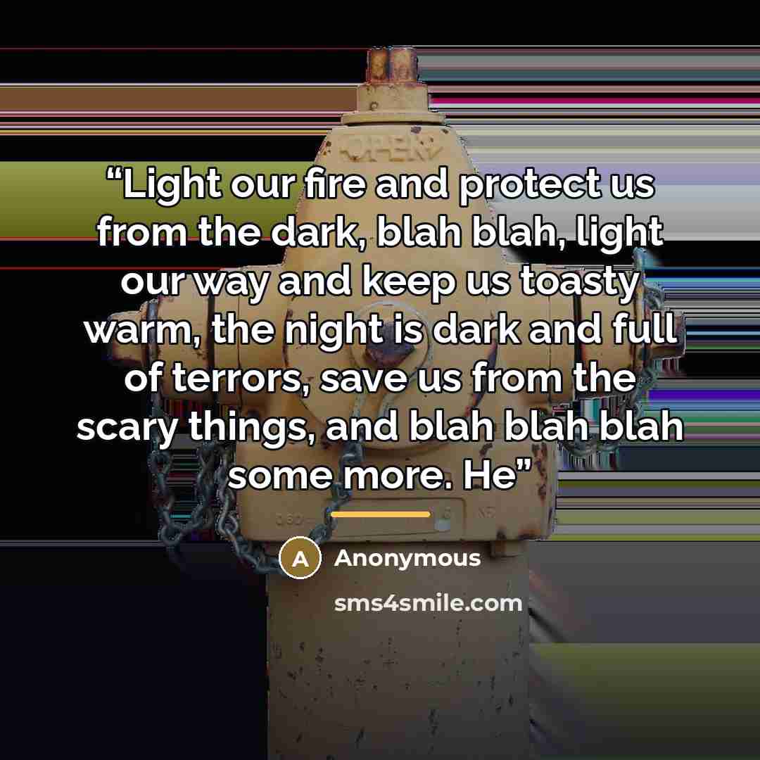 “Light our fire and protect us from the dark, blah blah, light our way and keep us toasty warm, the night is dark and full of terrors, save us from the scary things, and blah blah blah some more. He” quote by Anonymous