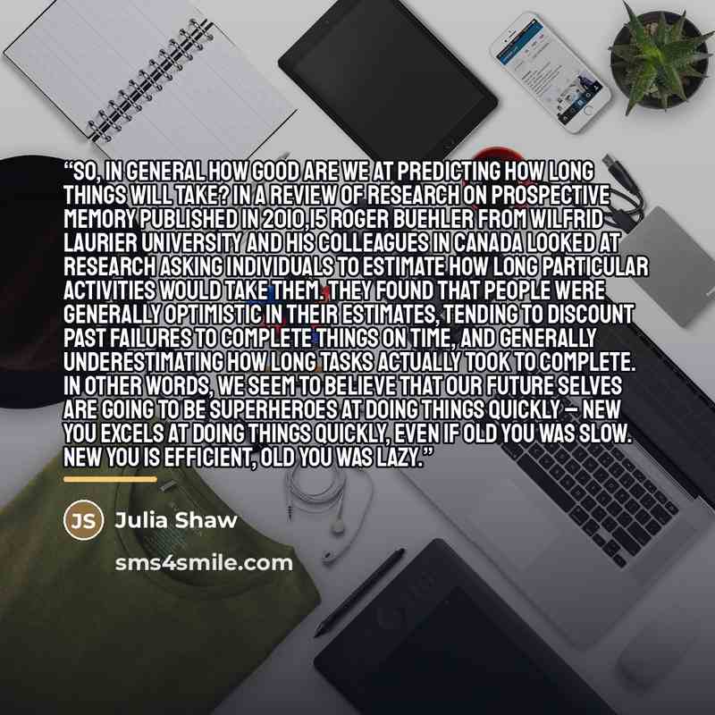 “So, in general how good are we at predicting how long things will take? In a review of research on prospective memory published in 2010,15 Roger Buehler from Wilfrid Laurier University and his colleagues in Canada looked at research asking individuals to estimate how long particular activities…” quote by Julia Shaw