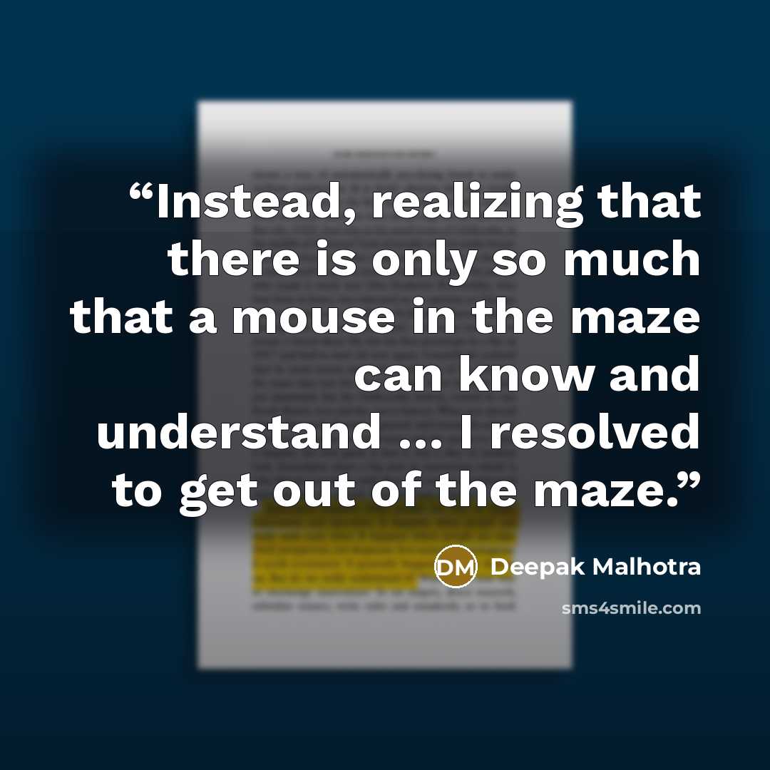 “Instead, realizing that there is only so much that a mouse in the maze can know and understand … I resolved to get out of the maze.” quote by Deepak Malhotra