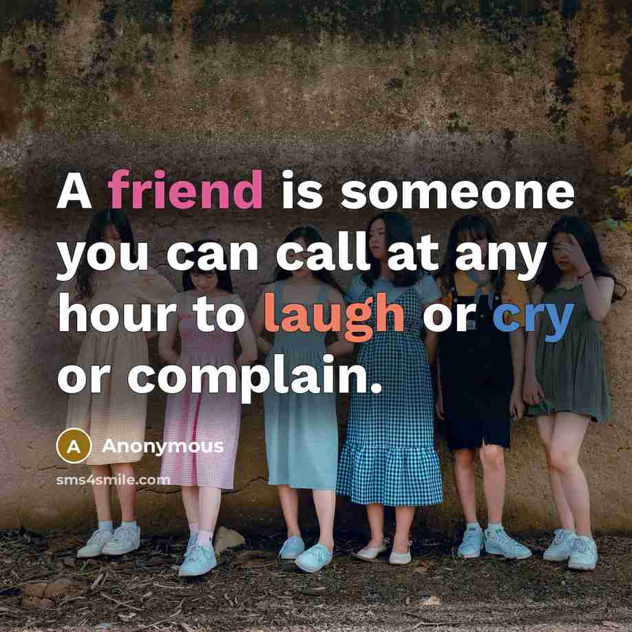 “A friend is someone you can call at any hour to laugh or cry or complain.” quote by Anonymous