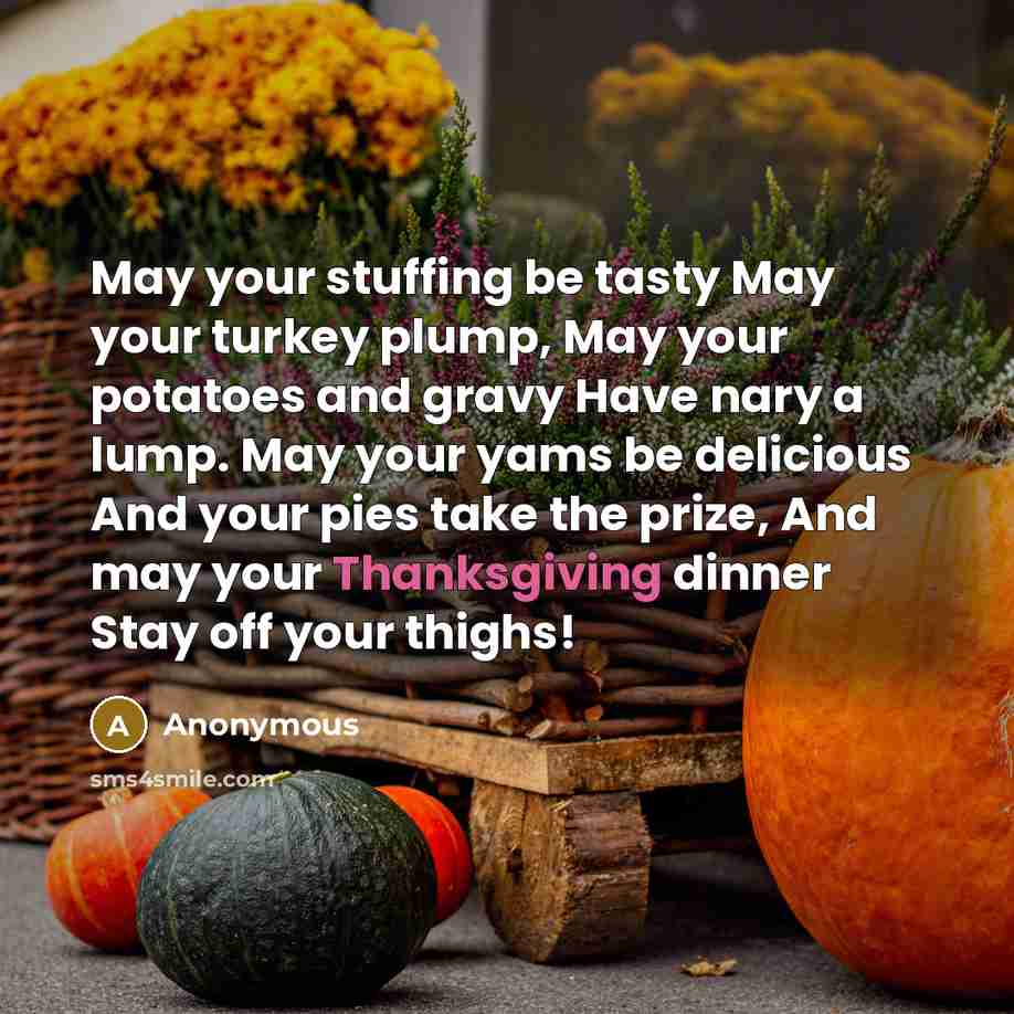 “May your stuffing be tasty May your turkey plump, May your potatoes and gravy Have nary a lump. May your yams be delicious And your pies take the prize, And may your Thanksgiving dinner Stay off your thighs!” quote by Anonymous