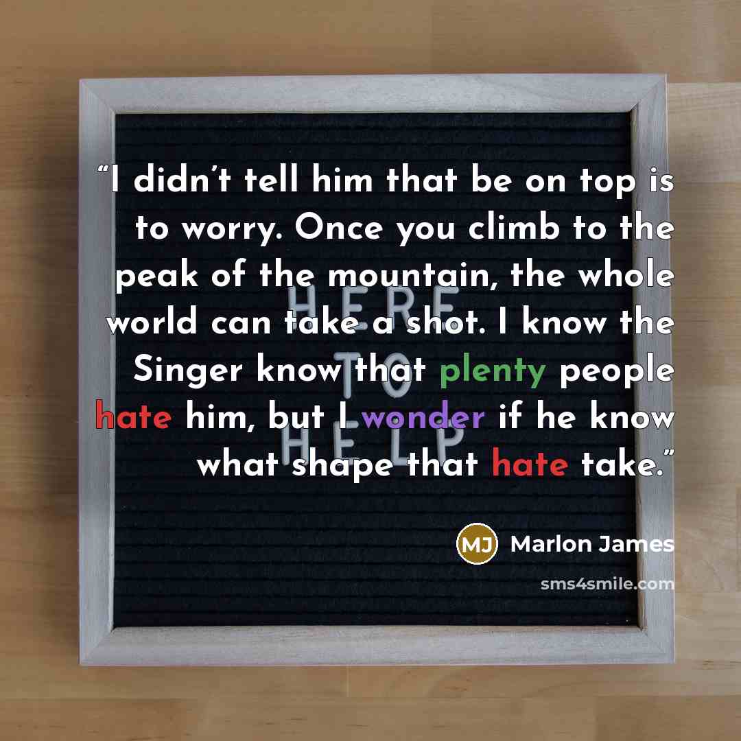 “I didn’t tell him that be on top is to worry. Once you climb to the peak of the mountain, the whole world can take a shot. I know the Singer know that plenty people hate him, but I wonder if he know what shape that hate take.” quote by Marlon James