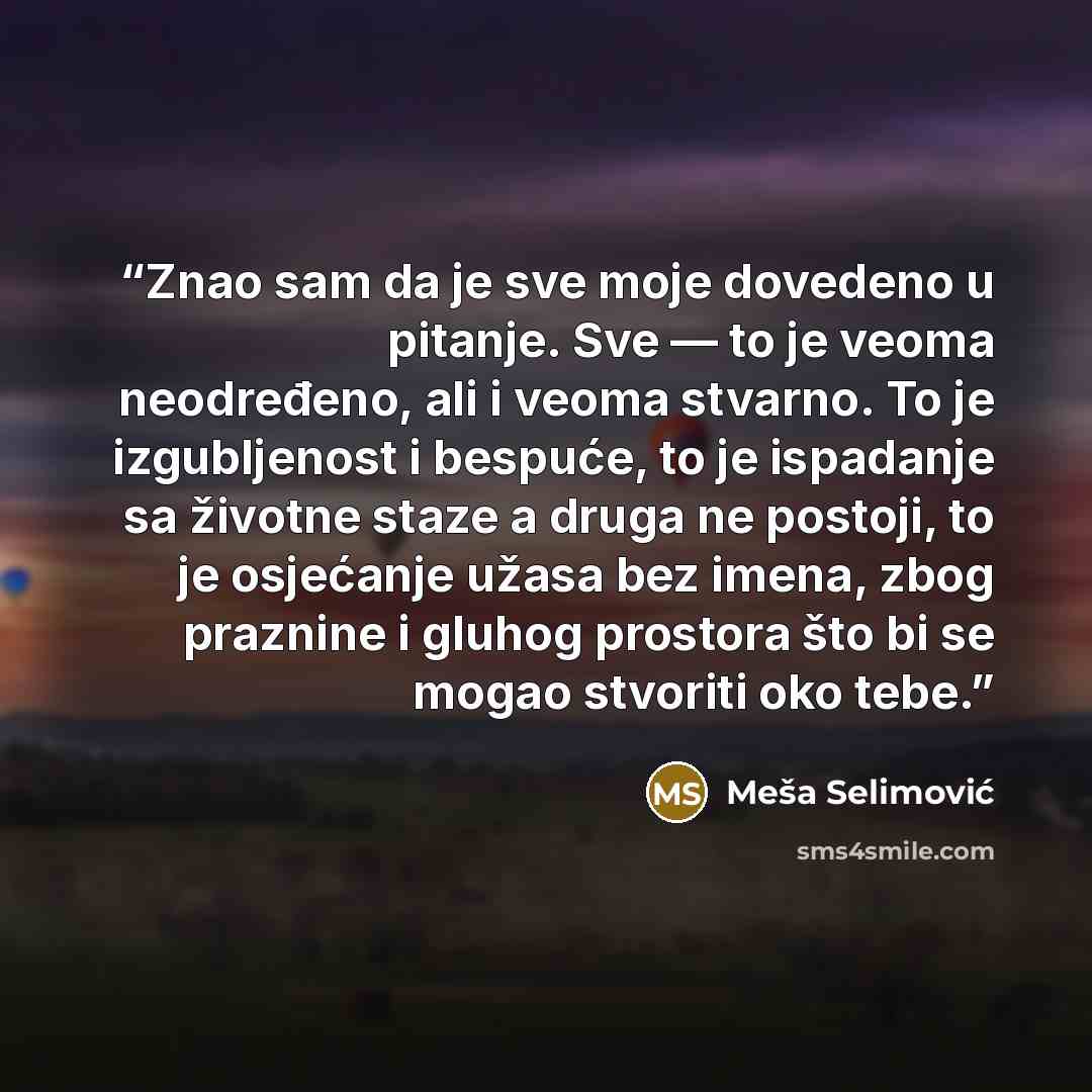 “Znao sam da je sve moje dovedeno u pitanje. Sve — to je veoma neodređeno, ali i veoma stvarno. To je izgubljenost i bespuće, to je ispadanje sa životne staze a druga ne postoji, to je osjećanje užasa bez imena, zbog praznine i gluhog prostora što bi se mogao stvoriti oko tebe.” quote by Meša Selimović