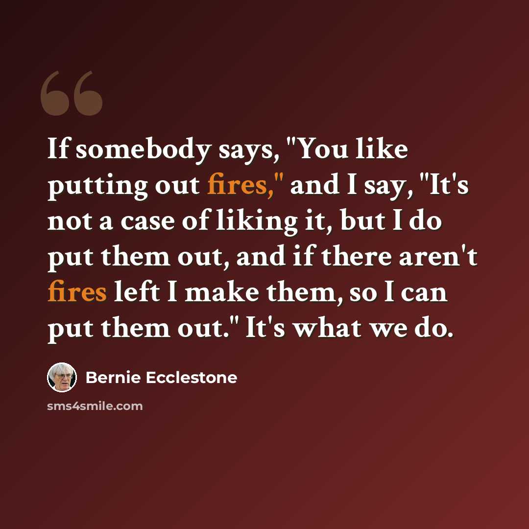 “If somebody says, "You like putting out fires," and I say, "It's not a case of liking it, but I do put them out, and if there aren't fires left I make them, so I can put them out." It's what we do.” quote by Bernie Ecclestone