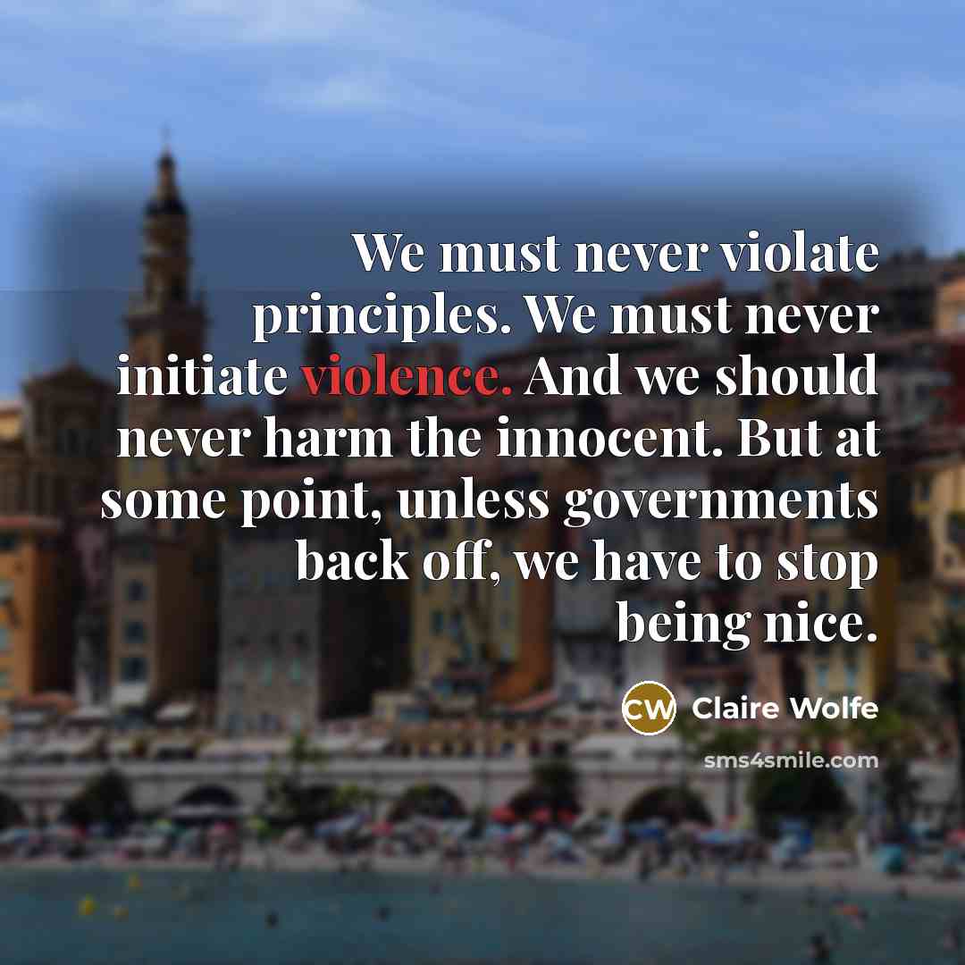 “We must never violate principles. We must never initiate violence. And we should never harm the innocent. But at some point, unless governments back off, we have to stop being nice.” quote by Claire Wolfe