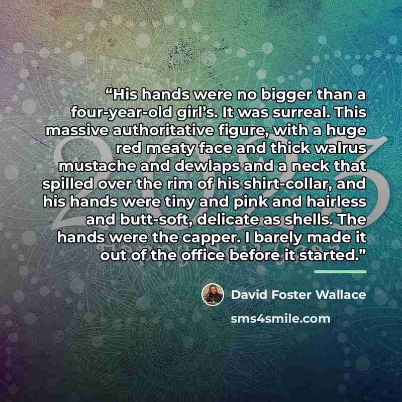 “His hands were no bigger than a four-year-old girl’s. It was surreal. This massive authoritative figure, with a huge red meaty face and thick walrus mustache and dewlaps and a neck that spilled over the rim of his shirt-collar, and his hands were tiny and pink and hairless and butt-soft, delicate…” quote by David Foster Wallace