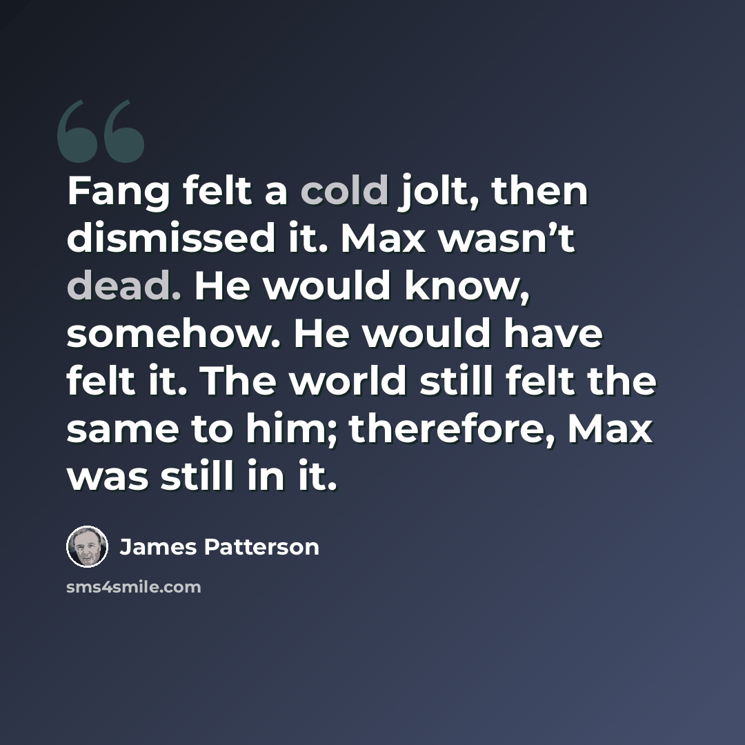 “Fang felt a cold jolt, then dismissed it. Max wasn’t dead. He would know, somehow. He would have felt it. The world still felt the same to him; therefore, Max was still in it.” quote by James Patterson