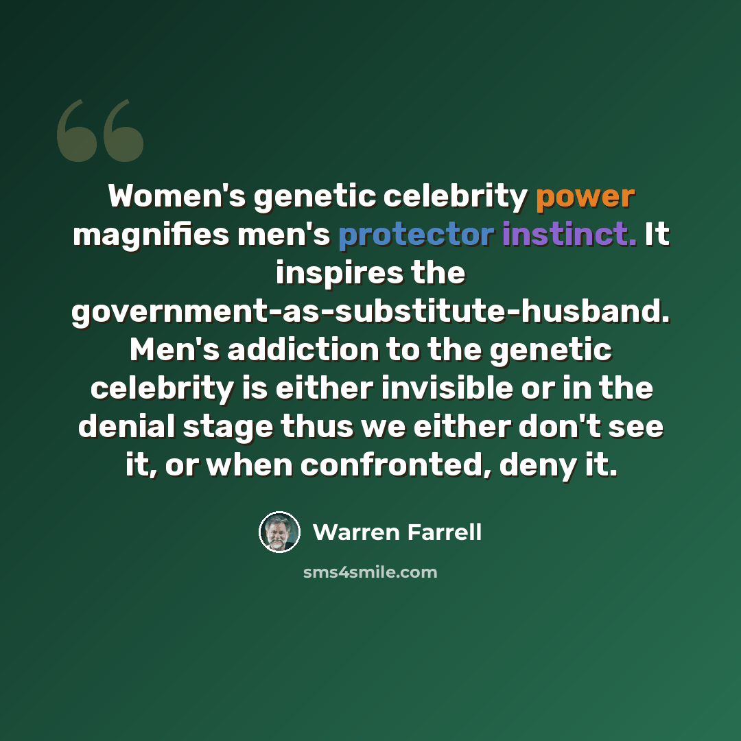 “Women's genetic celebrity power magnifies men's protector instinct. It inspires the government-as-substitute-husband. Men's addiction to the genetic celebrity is either invisible or in the denial stage thus we either don't see it, or when confronted, deny it.” quote by Warren Farrell