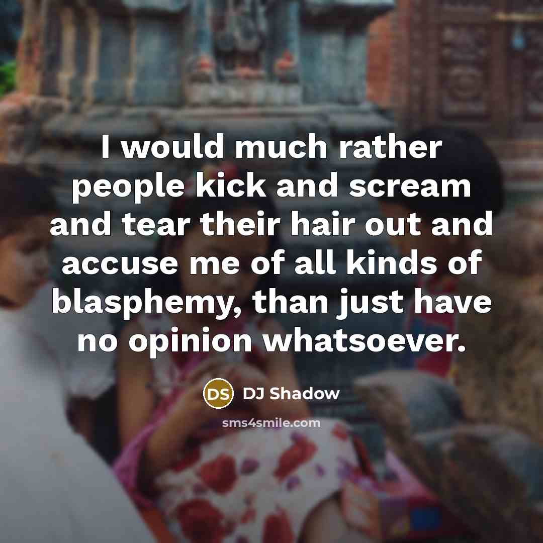 “I would much rather people kick and scream and tear their hair out and accuse me of all kinds of blasphemy, than just have no opinion whatsoever.” quote by DJ Shadow