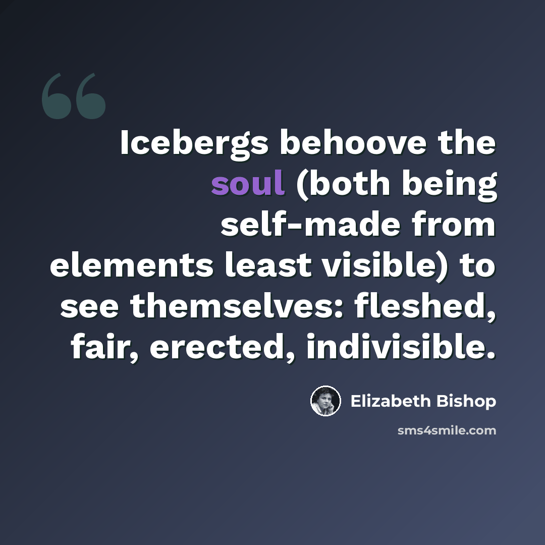 “Icebergs behoove the soul (both being self-made from elements least visible) to see themselves: fleshed, fair, erected, indivisible.” quote by Elizabeth Bishop