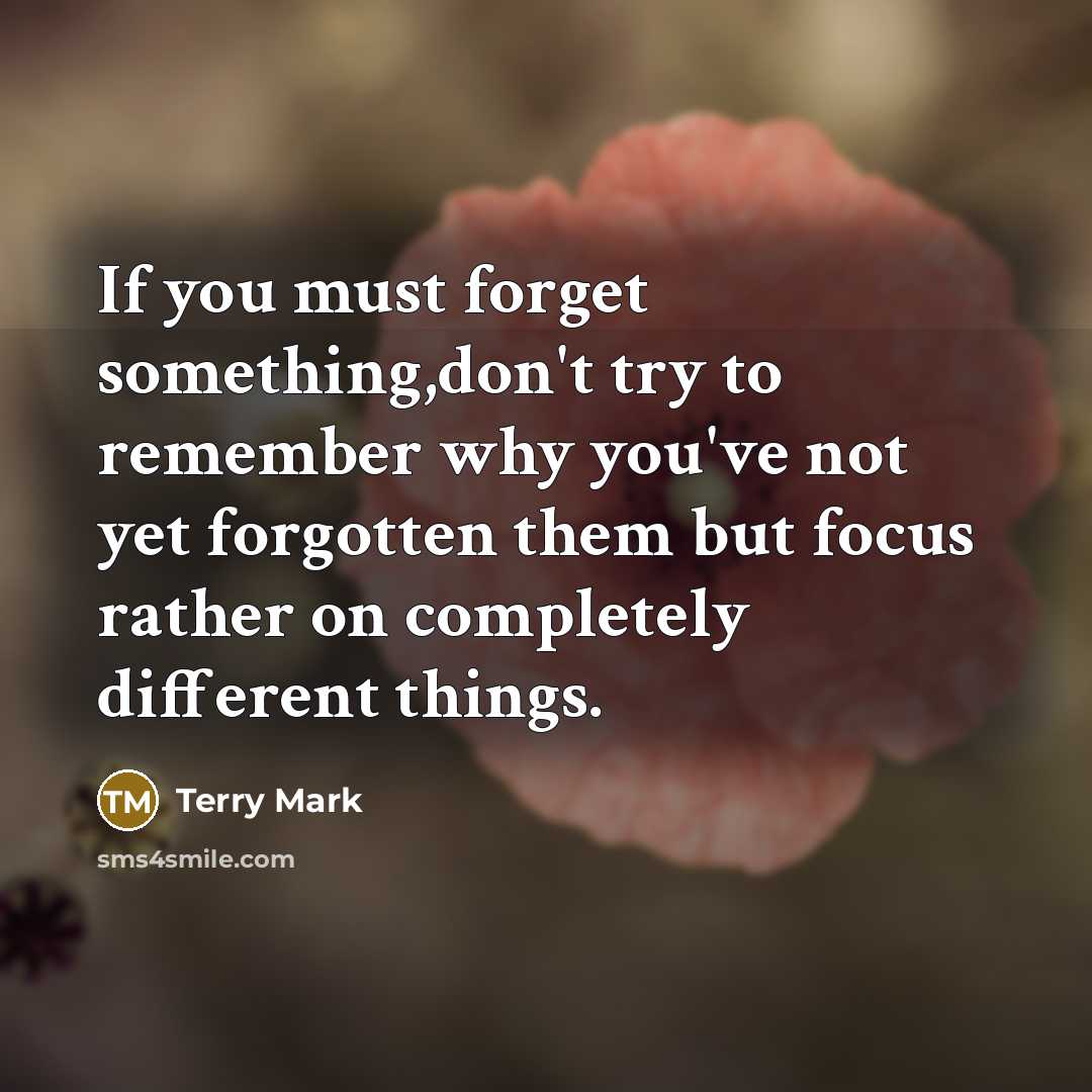 “If you must forget something,don't try to remember why you've not yet forgotten them but focus rather on completely different things.” quote by Terry Mark
