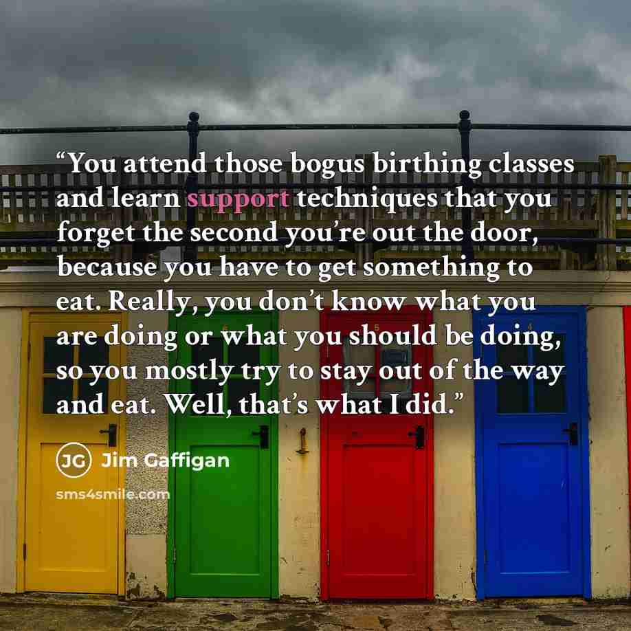 “You attend those bogus birthing classes and learn support techniques that you forget the second you’re out the door, because you have to get something to eat. Really, you don’t know what you are doing or what you should be doing, so you mostly try to stay out of the way and eat. Well, that’s what…” quote by Jim Gaffigan
