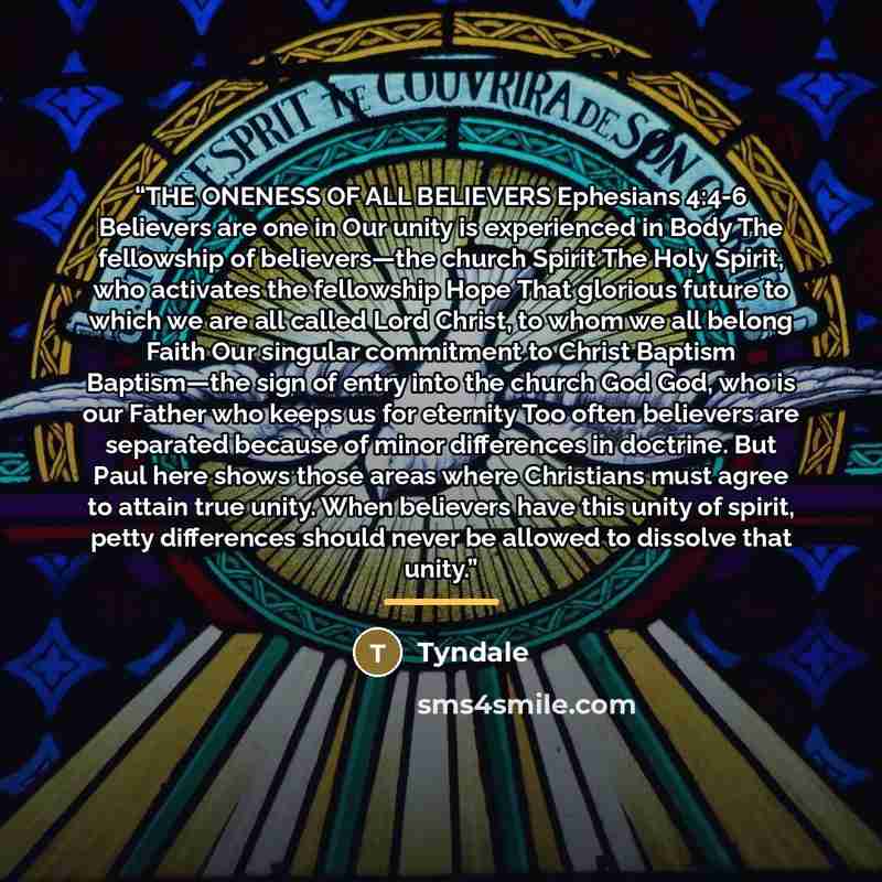 “THE ONENESS OF ALL BELIEVERS Ephesians 4:4-6 Believers are one in Our unity is experienced in Body The fellowship of believers—the church Spirit The Holy Spirit, who activates the fellowship Hope That glorious future to which we are all called Lord Christ, to whom we all belong Faith Our singular…” quote by Tyndale