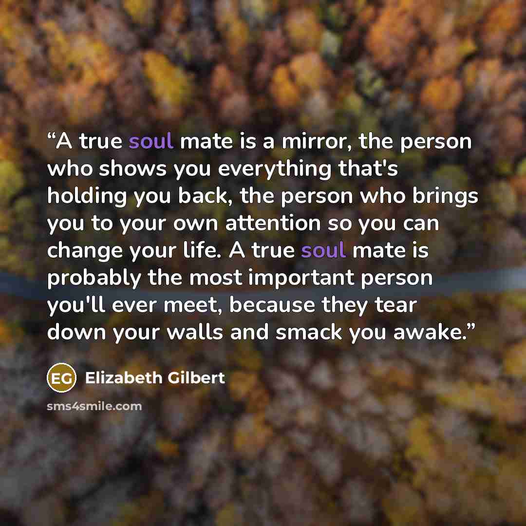 “A true soul mate is a mirror, the person who shows you everything that's holding you back, the person who brings you to your own attention so you can change your life. A true soul mate is probably the most important person you'll ever meet, because they tear down your walls and smack you awake.” quote by Elizabeth Gilbert