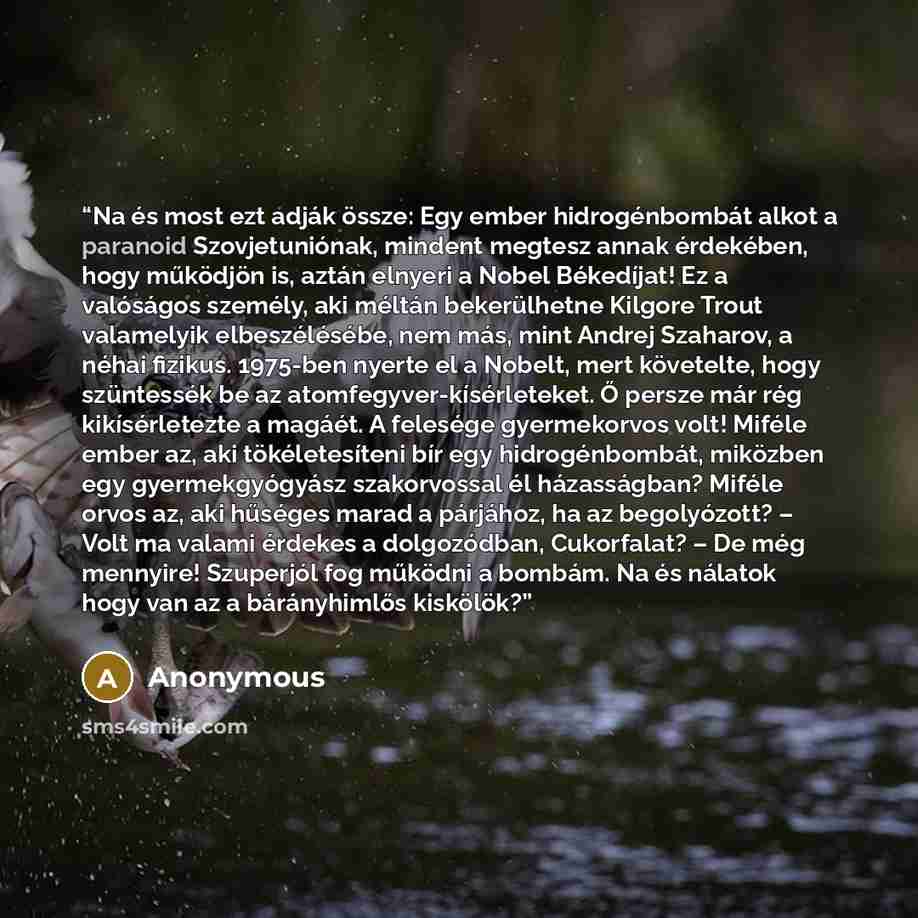 “Na és most ezt adják össze: Egy ember hidrogénbombát alkot a paranoid Szovjetuniónak, mindent megtesz annak érdekében, hogy működjön is, aztán elnyeri a Nobel Békedíjat! Ez a valóságos személy, aki méltán bekerülhetne Kilgore Trout valamelyik elbeszélésébe, nem más, mint Andrej Szaharov, a néhai…” quote by Anonymous