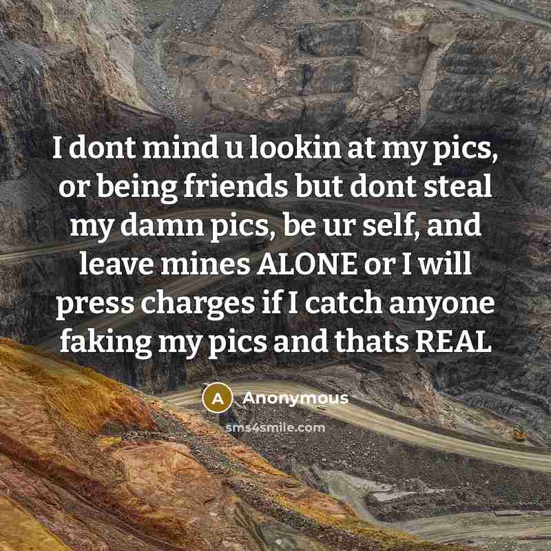 “I dont mind u lookin at my pics, or being friends but dont steal my damn pics, be ur self, and leave mines ALONE or I will press charges if I catch anyone faking my pics and thats REAL” quote by Anonymous