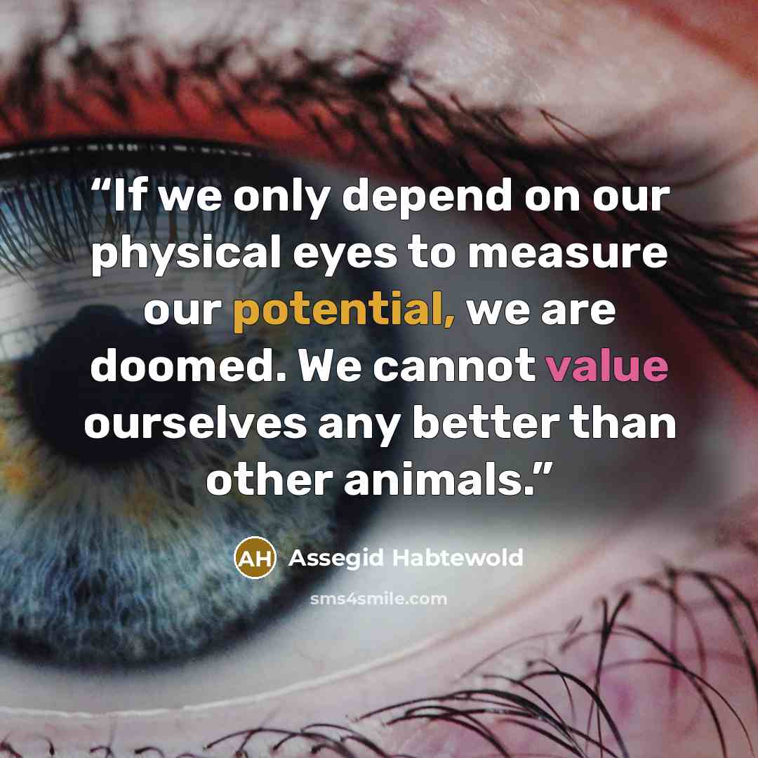 “If we only depend on our physical eyes to measure our potential, we are doomed. We cannot value ourselves any better than other animals.” quote by Assegid Habtewold